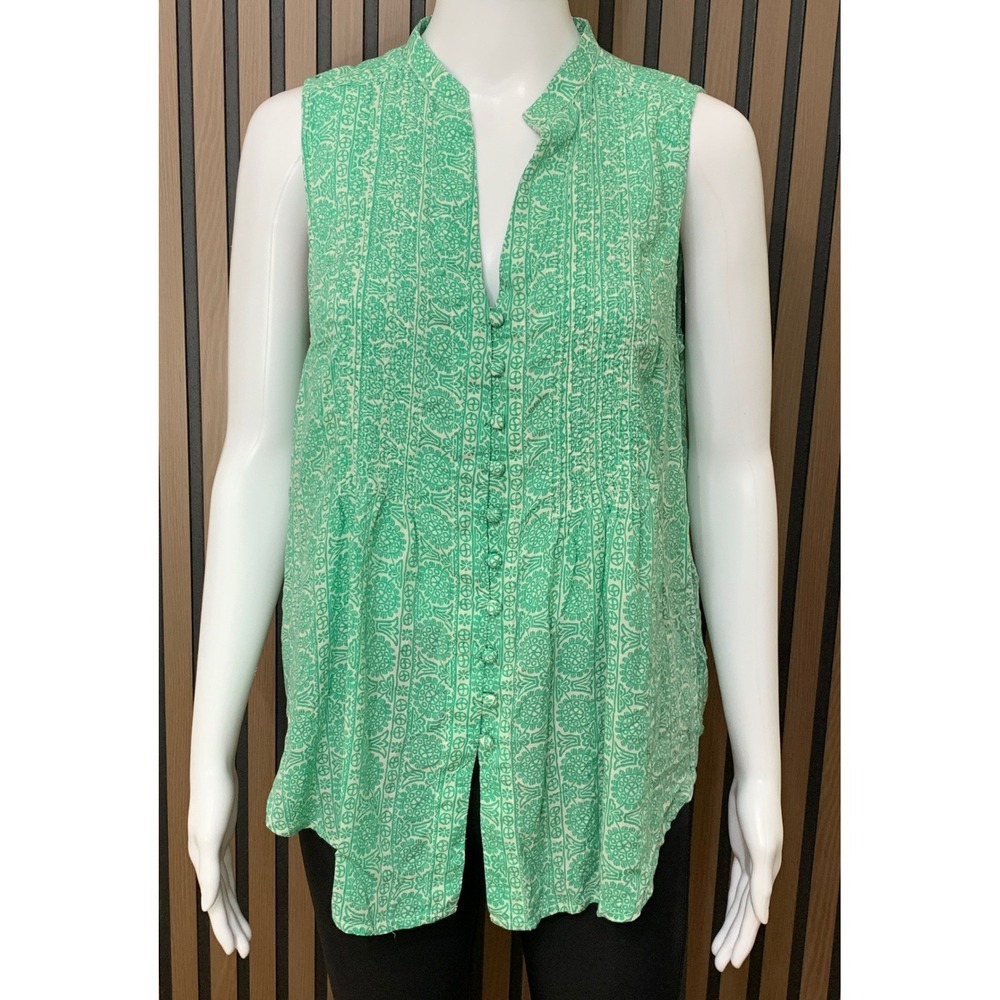 Maeve Anthropologie Green White Medallion Print Sleeveless Tunic Blouse Medium